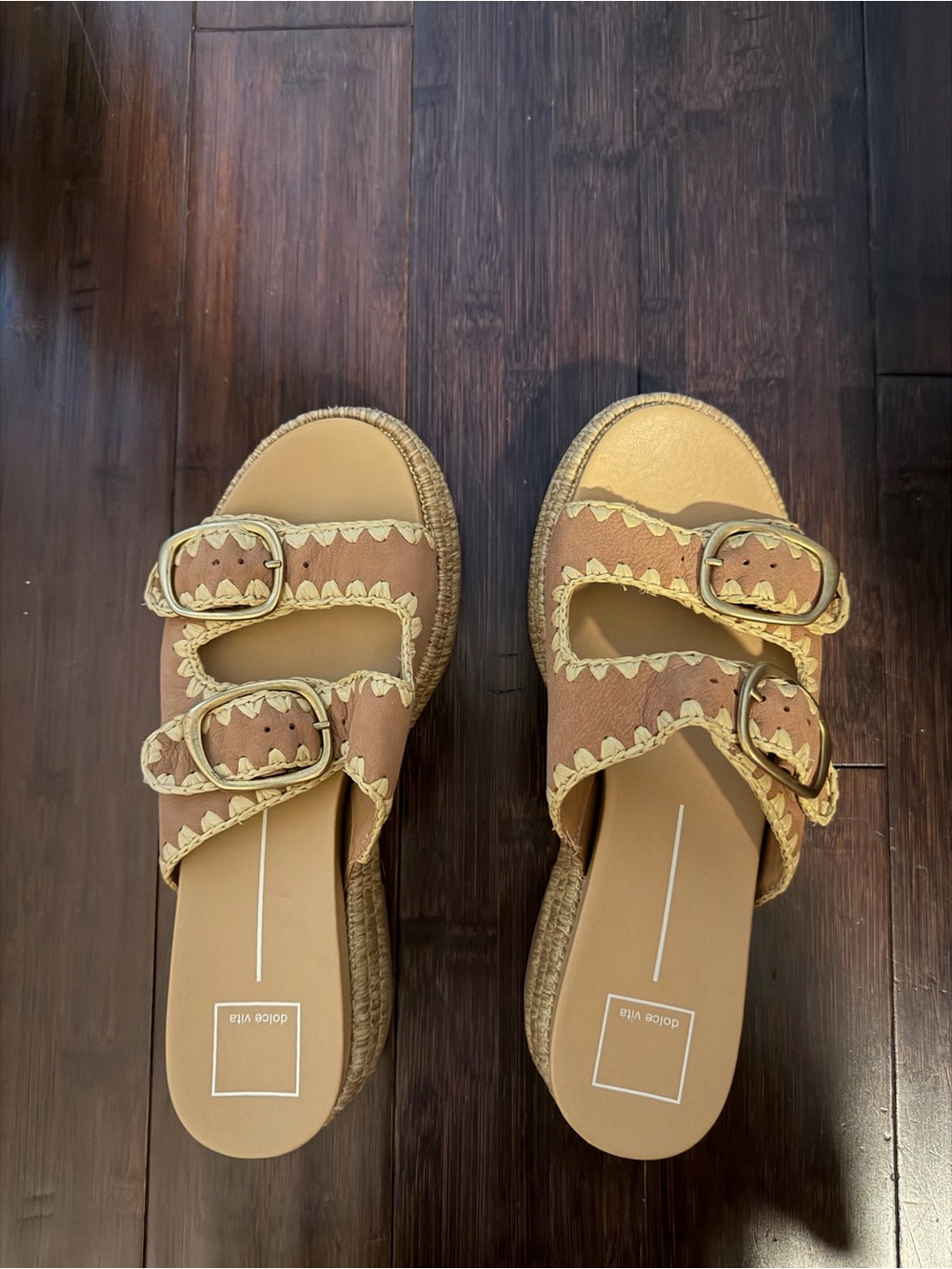 Dolce Vita Tan and Cream Double-Buckle Slide Sandals